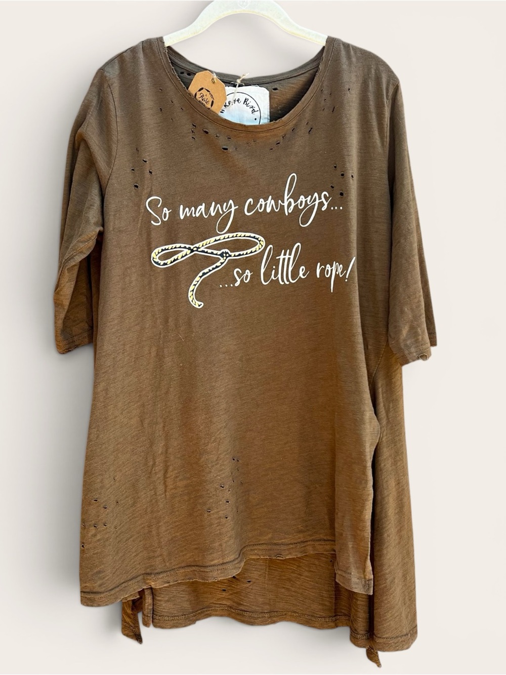 “So Many Cowboys" A Rare Bird Olive Brown Graphic Women's Tee